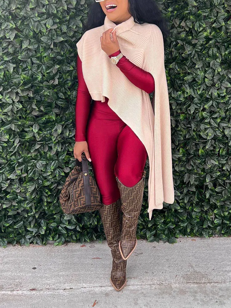 Slit Asymmetrical Turtleneck Tops