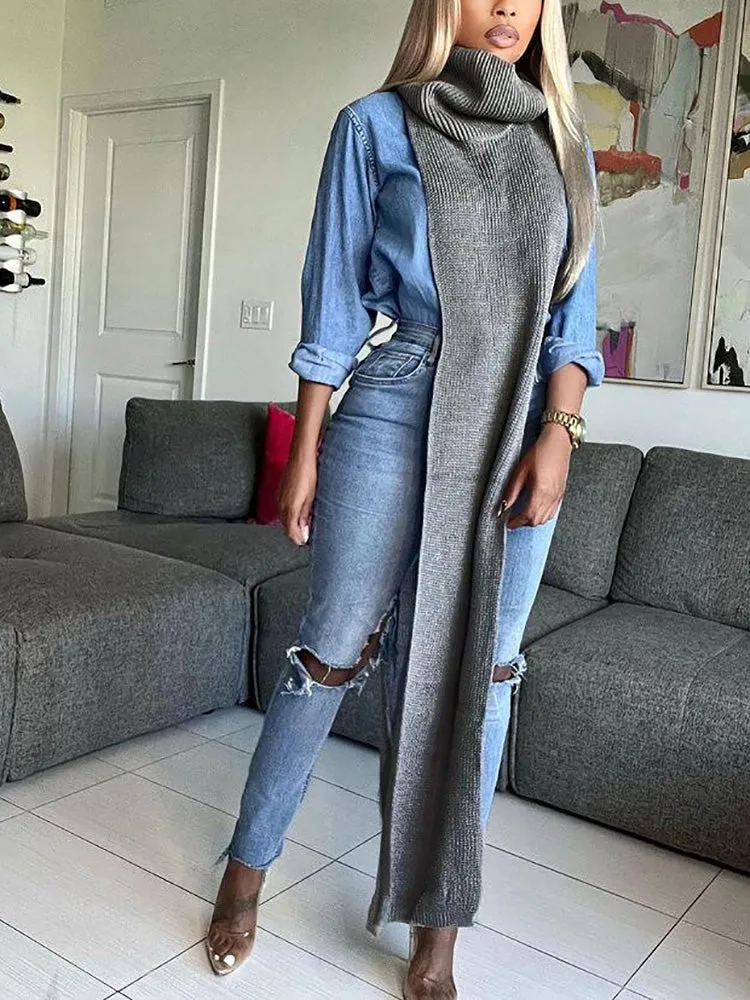 Slit Turtleneck Knitted Tops