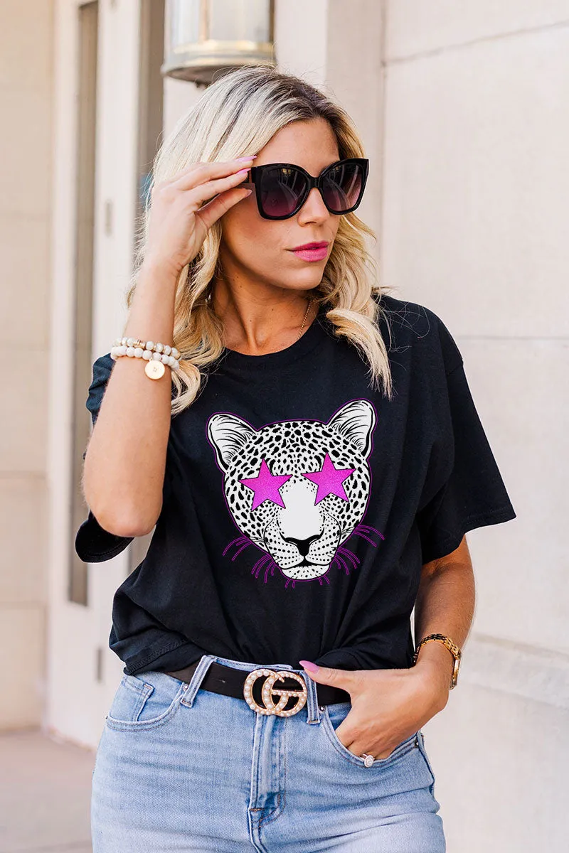 Star Eyes Pink Cheetah Short Sleeve Relaxed Fit T-Shirt