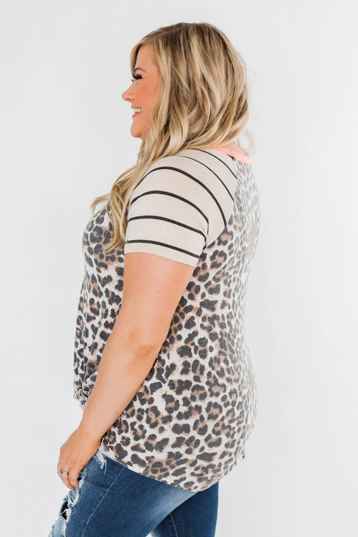 Striped Leopard Front Knot Top- Beige & Neon Orange