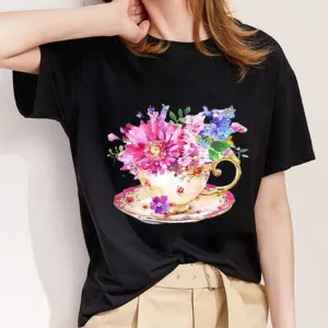 Style D：The Flower Is Full Of Love Femal Black T-Shirt