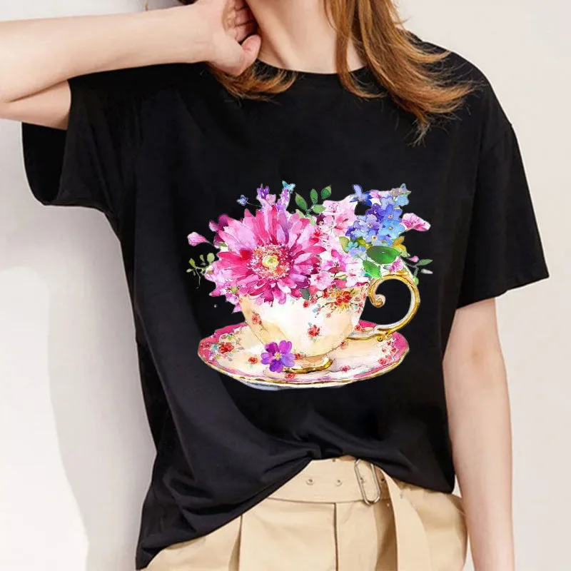 Style D：The Flower Is Full Of Love Femal Black T-Shirt