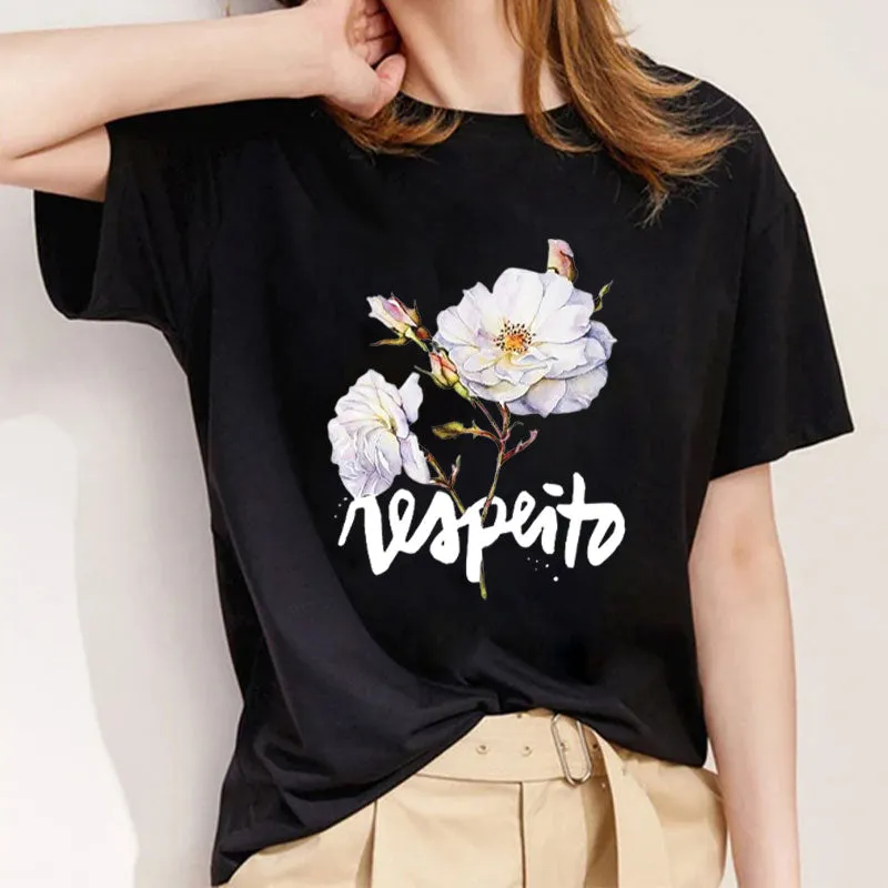 Style E：The Flower Is Full Of Love Femal Black T-Shirt