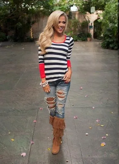 T-Shirt Women Contrast Color Striped Long Sleeve T Shirts Casual Button O-Neck Tee Tops