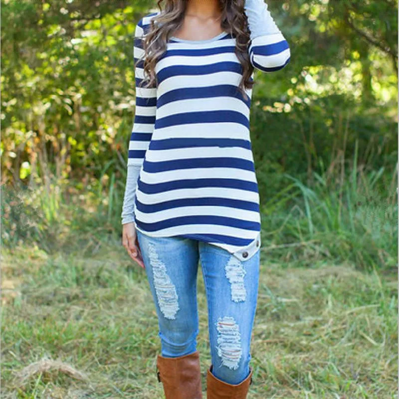 T-Shirt Women Contrast Color Striped Long Sleeve T Shirts Casual Button O-Neck Tee Tops