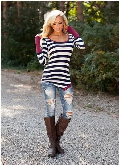 T-Shirt Women Contrast Color Striped Long Sleeve T Shirts Casual Button O-Neck Tee Tops