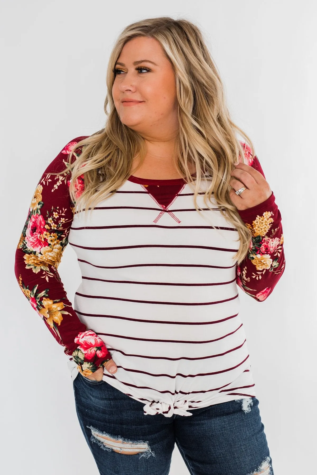 The Perfect Day Striped Floral Top- Burgundy & Ivory