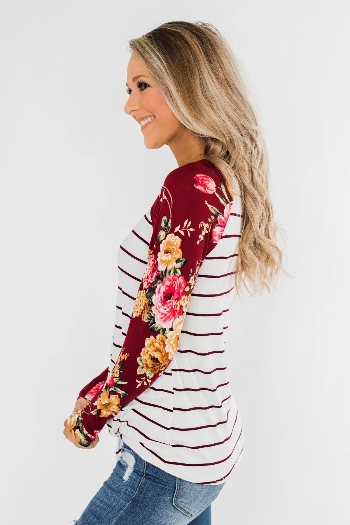 The Perfect Day Striped Floral Top- Burgundy & Ivory