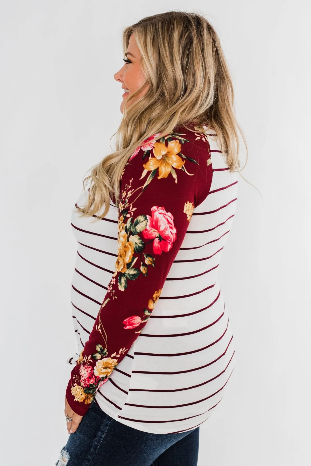 The Perfect Day Striped Floral Top- Burgundy & Ivory