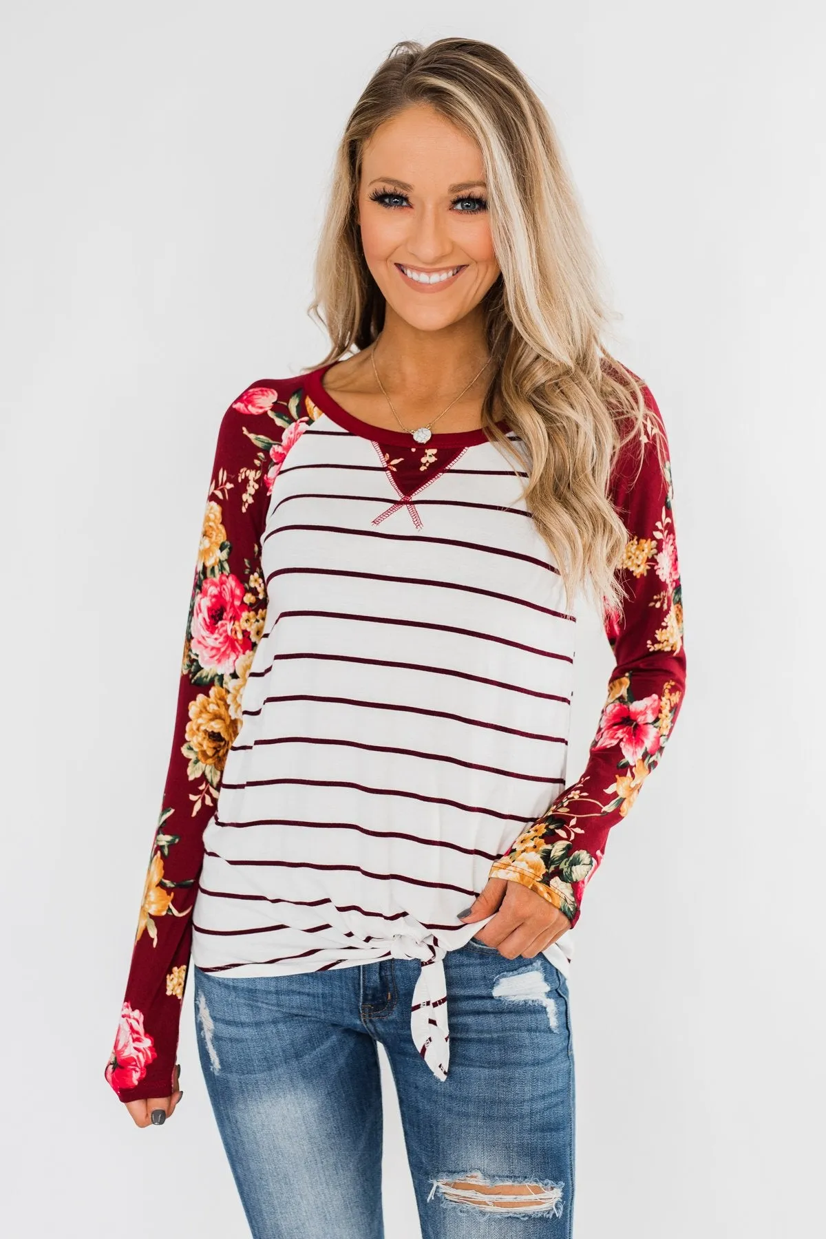 The Perfect Day Striped Floral Top- Burgundy & Ivory
