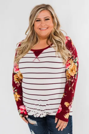 The Perfect Day Striped Floral Top- Burgundy & Ivory