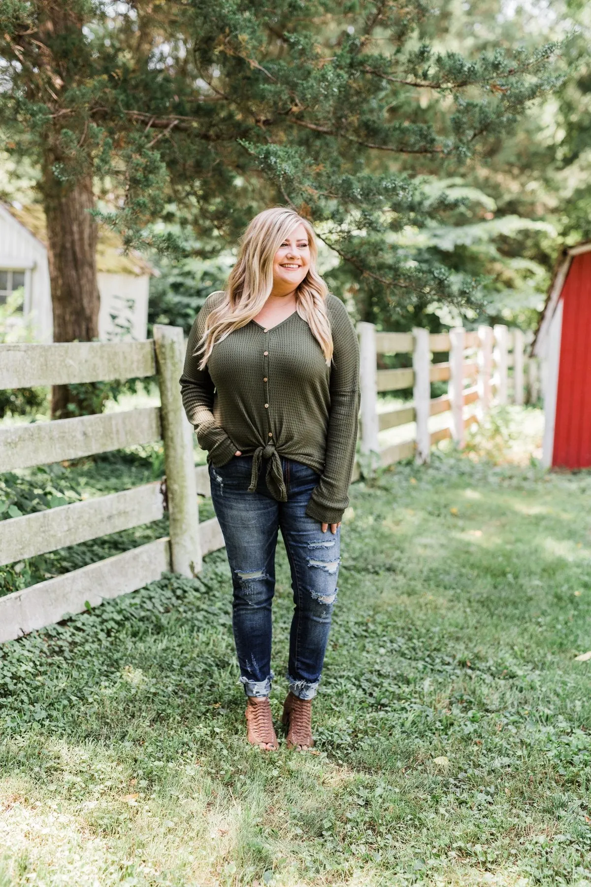 Thermal Button Knot Top- Dark Olive