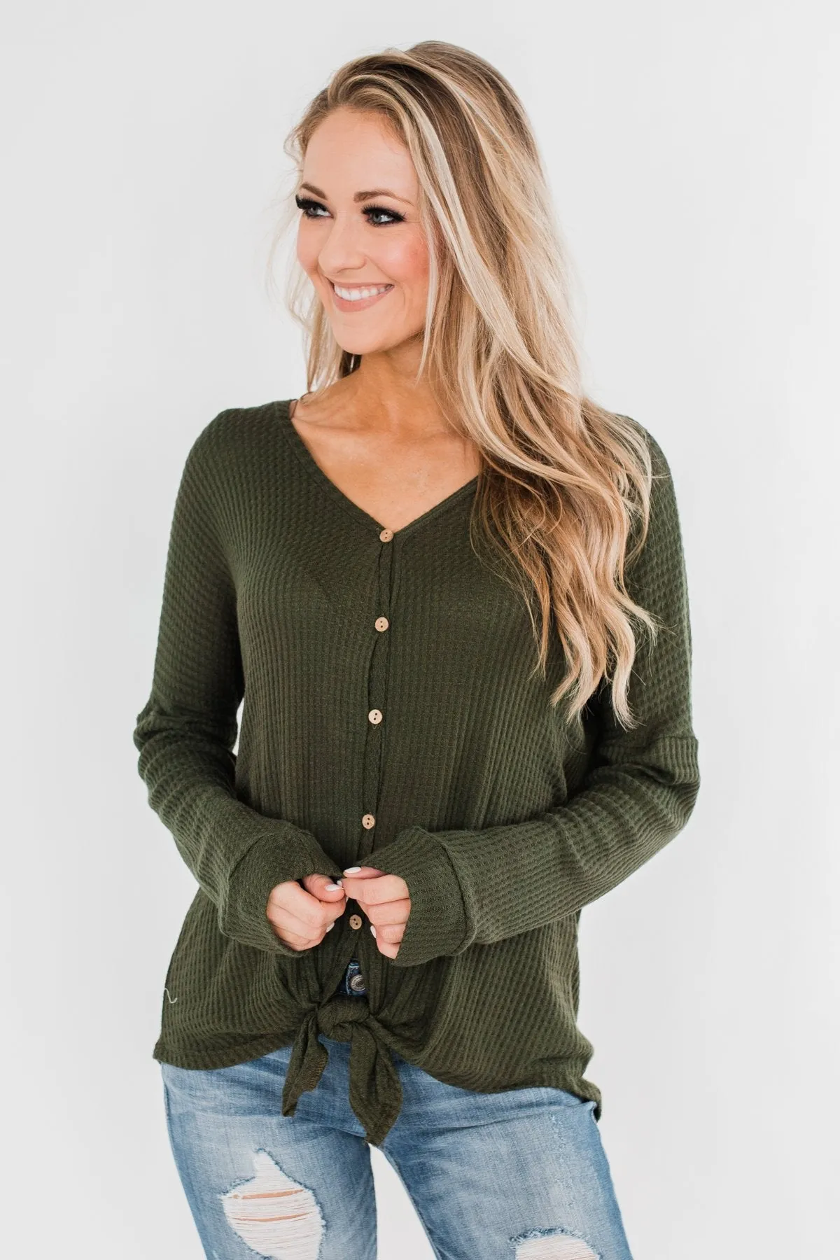 Thermal Button Knot Top- Dark Olive