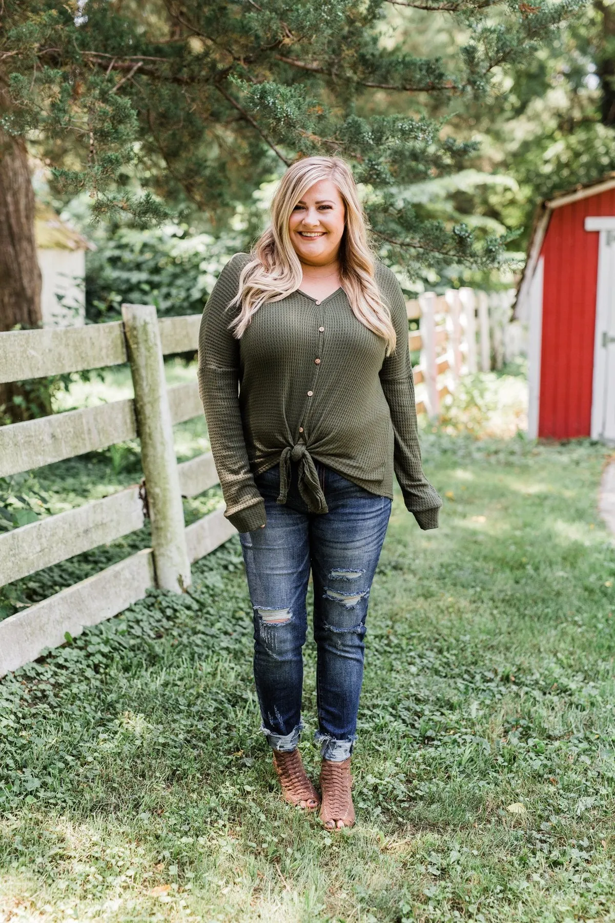 Thermal Button Knot Top- Dark Olive