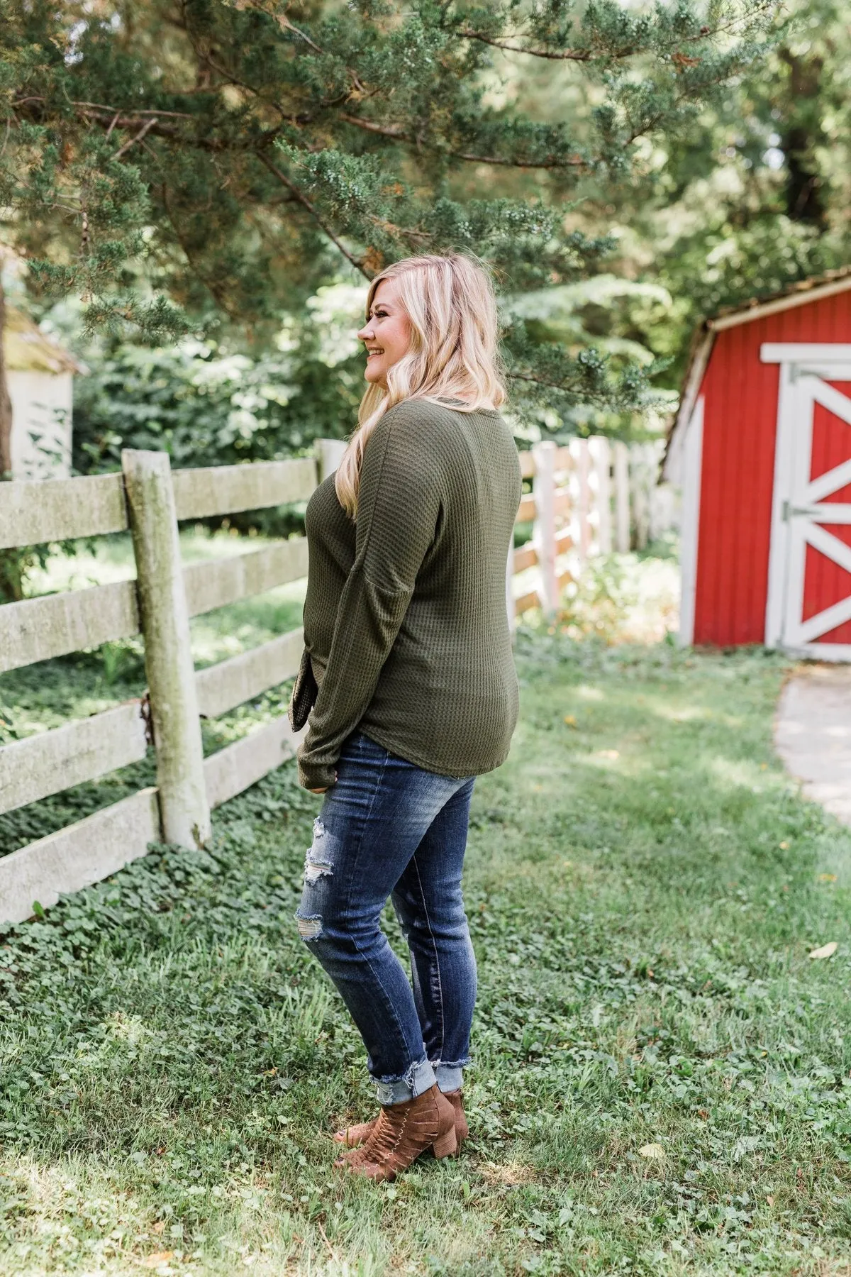 Thermal Button Knot Top- Dark Olive