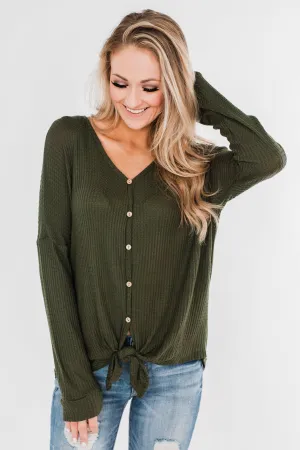 Thermal Button Knot Top- Dark Olive