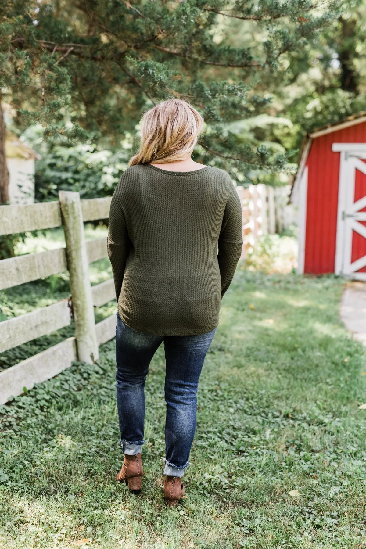 Thermal Button Knot Top- Dark Olive