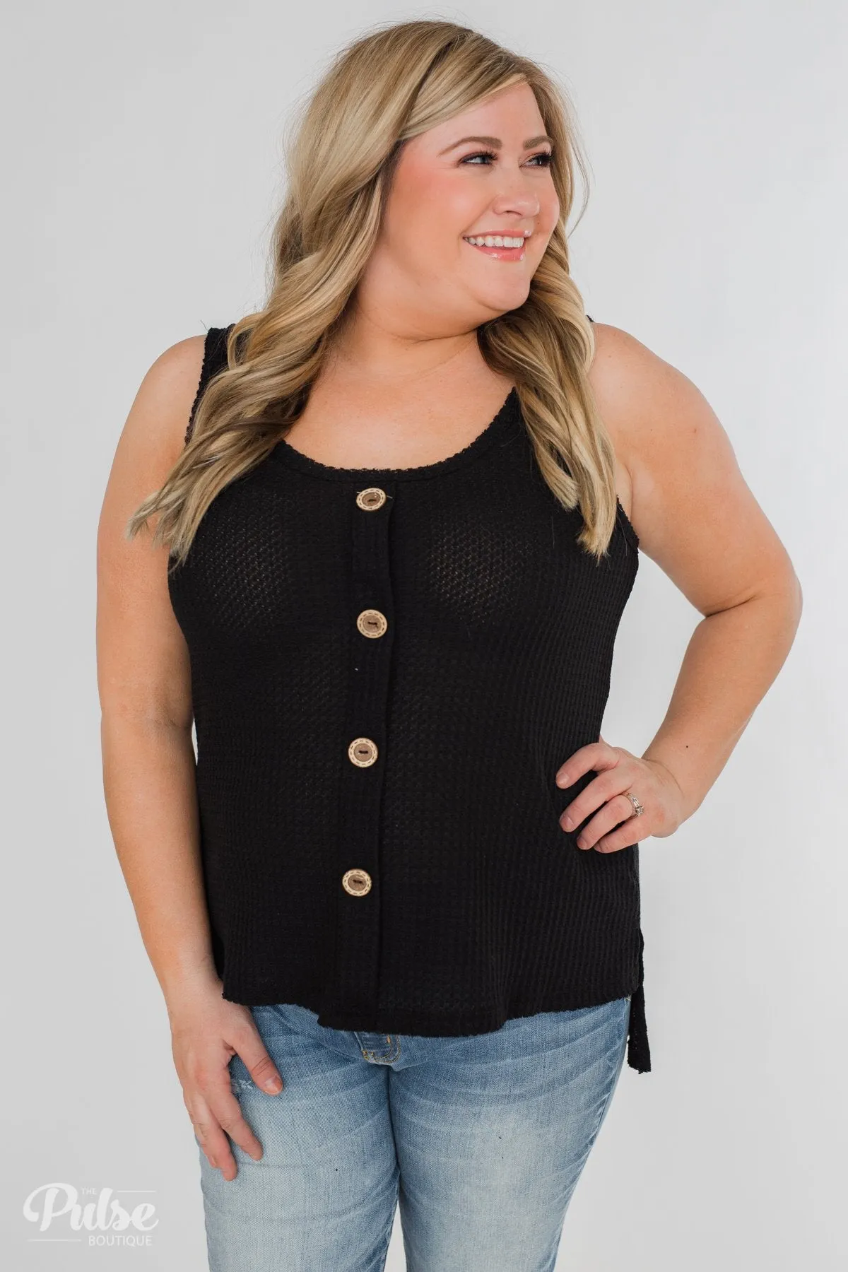 Thermal Button Tank Top- Black