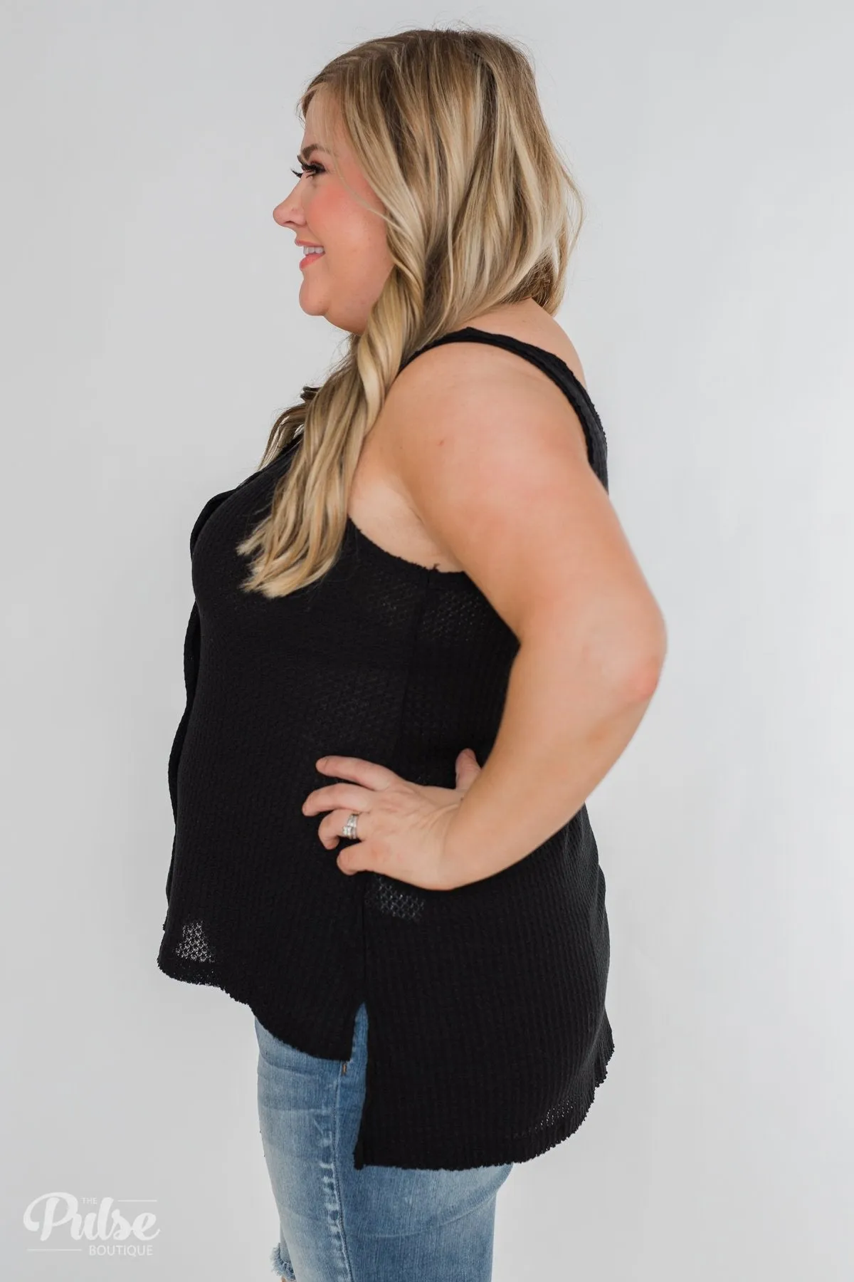 Thermal Button Tank Top- Black