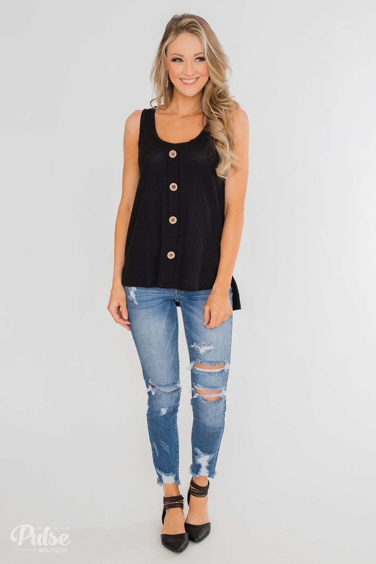 Thermal Button Tank Top- Black