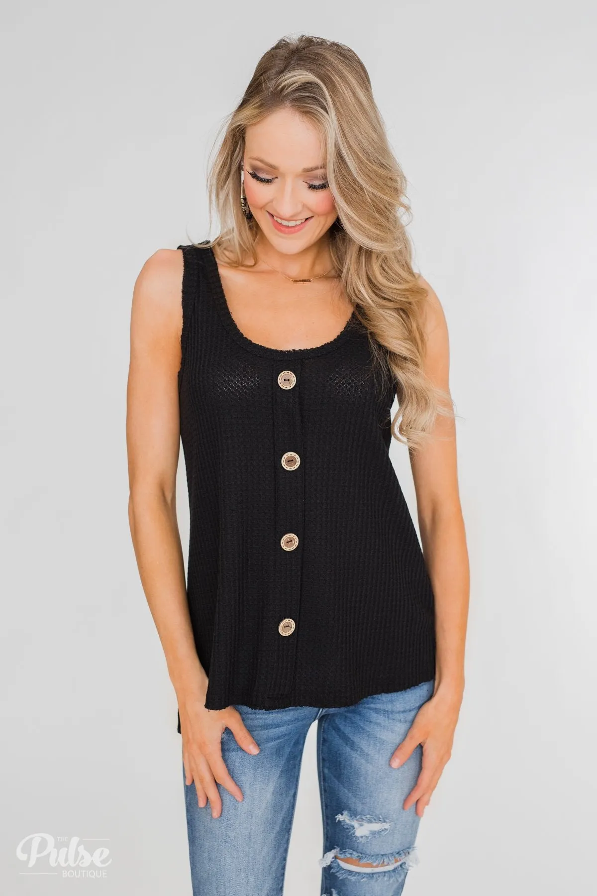 Thermal Button Tank Top- Black
