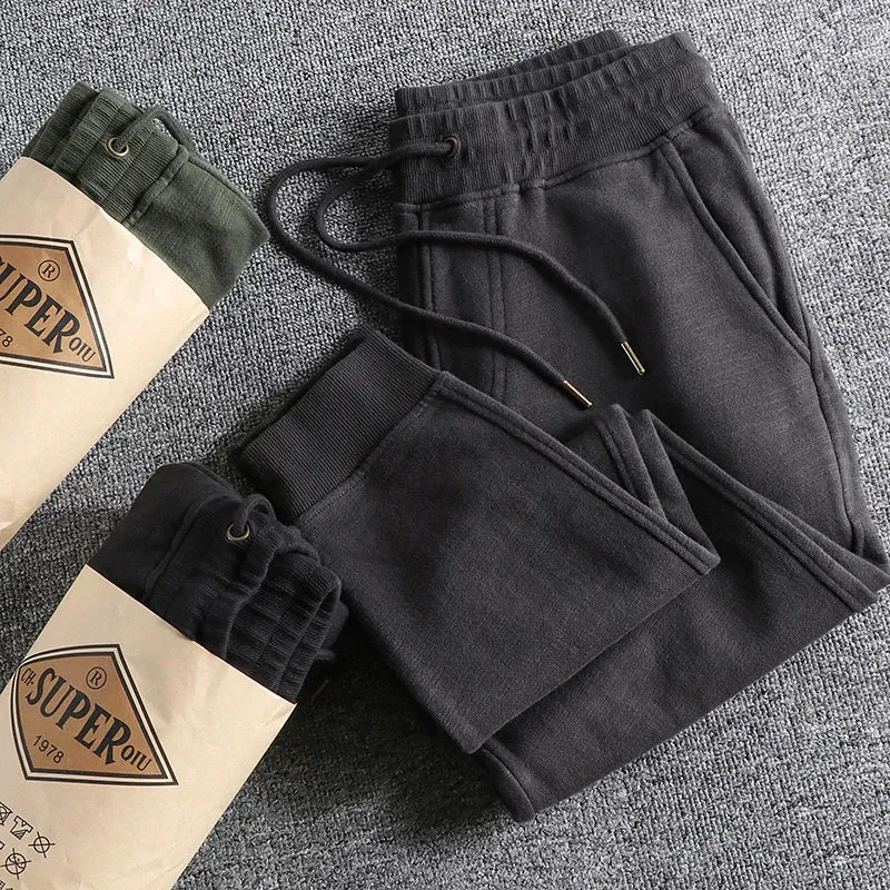 Thickened Velvet Sweatpants - Men's Heavyweight Pure Cotton Washed Knitted Sports Ankle-tied Pants