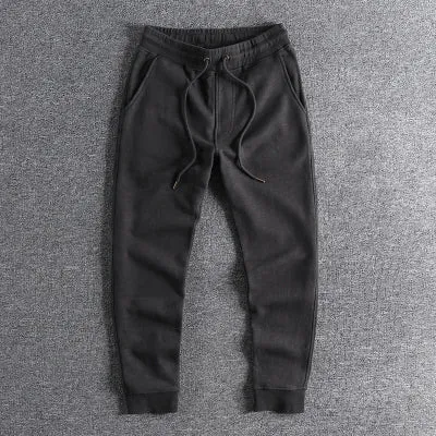 Thickened Velvet Sweatpants - Men's Heavyweight Pure Cotton Washed Knitted Sports Ankle-tied Pants