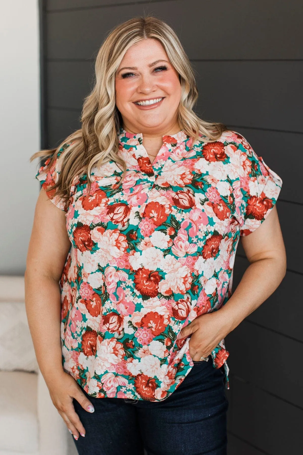 Thoughts Of Forever Floral Top- Teal & Pink