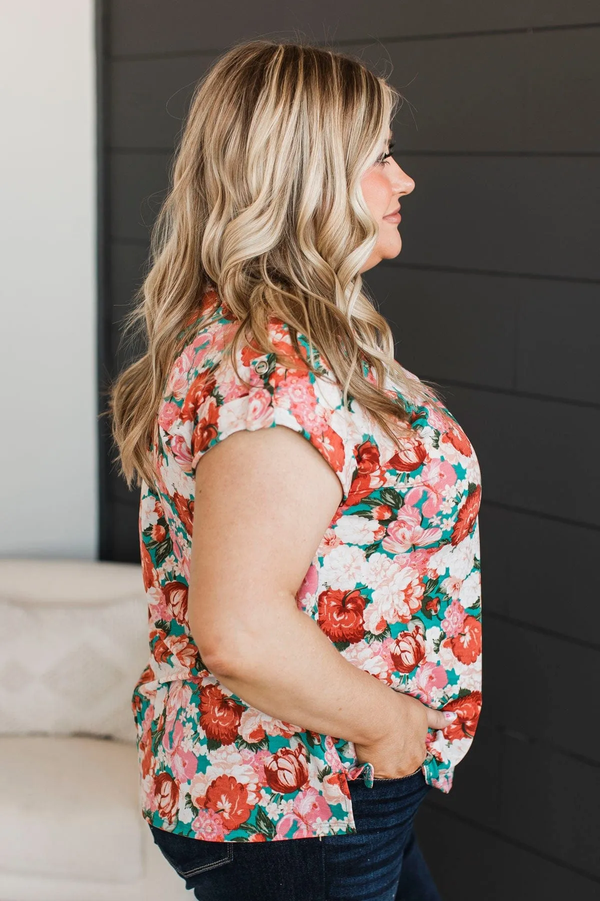 Thoughts Of Forever Floral Top- Teal & Pink