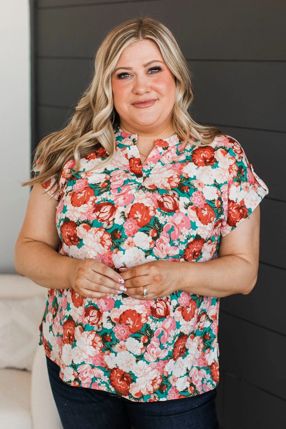Thoughts Of Forever Floral Top- Teal & Pink