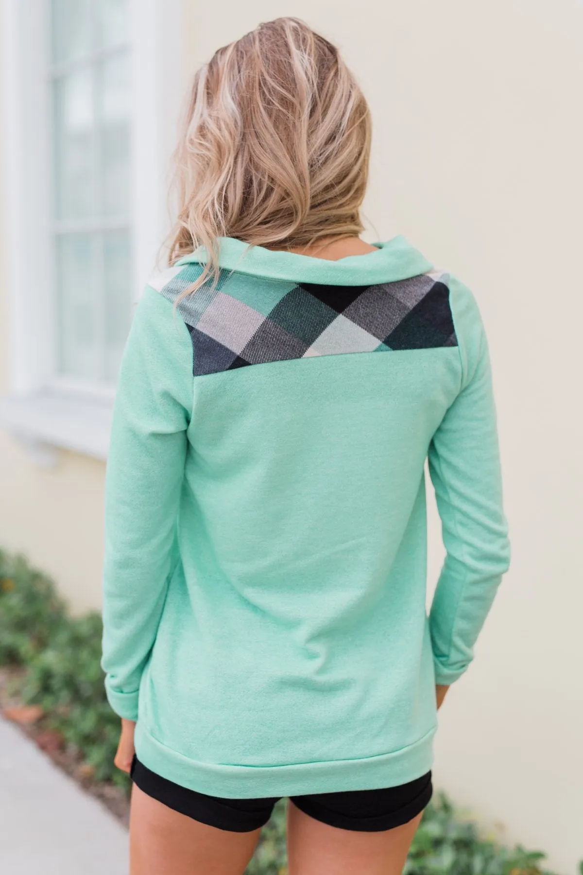 Touch of Plaid Pullover & Button Top - Mint