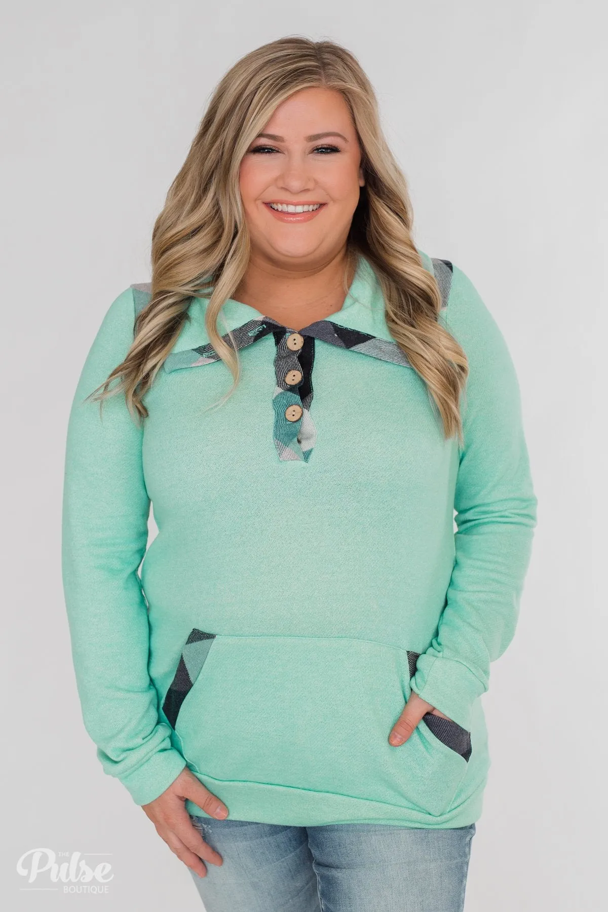 Touch of Plaid Pullover & Button Top - Mint