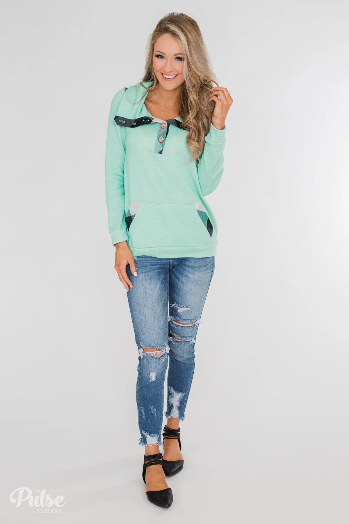 Touch of Plaid Pullover & Button Top - Mint