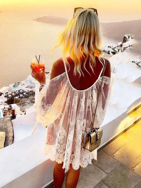 V-neck Hollow Long Sleeves Cover-up Mini Dresses
