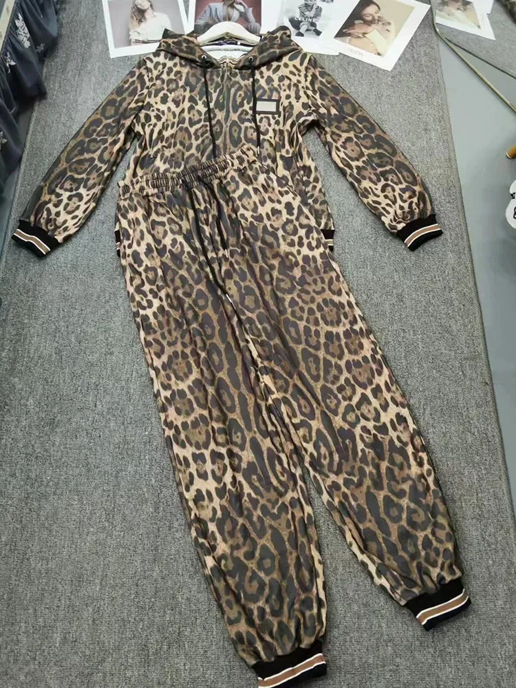 Vintage Leopard Print Zipper Hooded Cardigan two-piece
