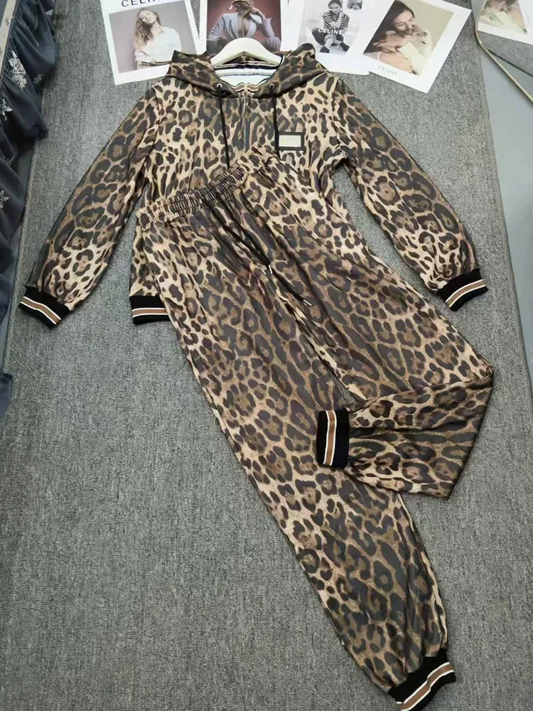 Vintage Leopard Print Zipper Hooded Cardigan two-piece