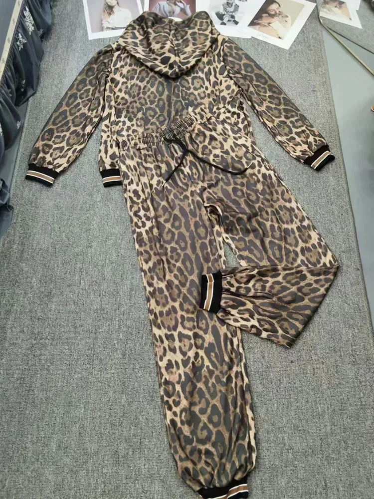 Vintage Leopard Print Zipper Hooded Cardigan two-piece