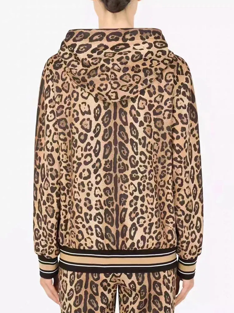 Vintage Leopard Print Zipper Hooded Cardigan two-piece