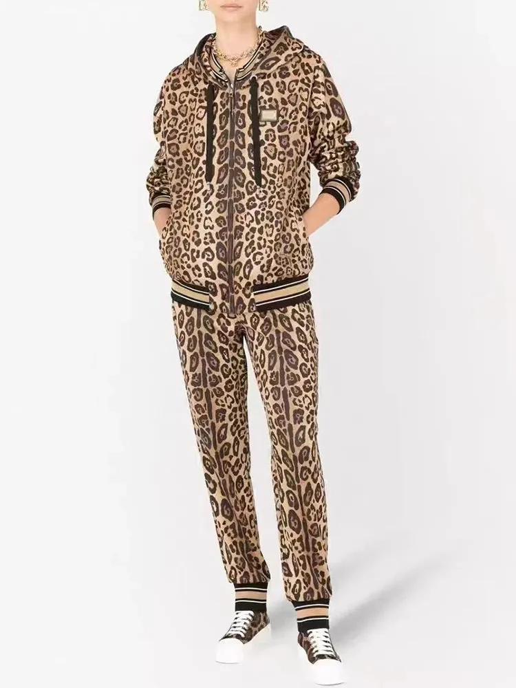 Vintage Leopard Print Zipper Hooded Cardigan two-piece