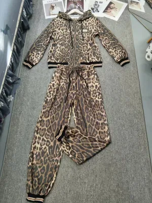 Vintage Leopard Print Zipper Hooded Cardigan two-piece
