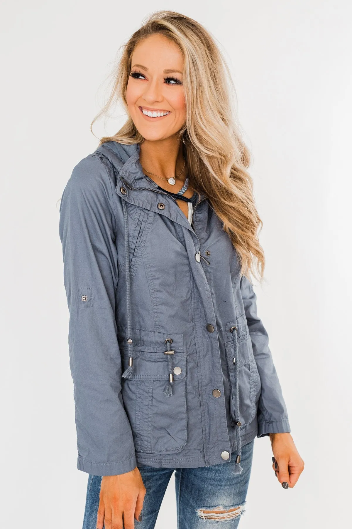 Walk With Me Cinch Jacket- Slate Blue