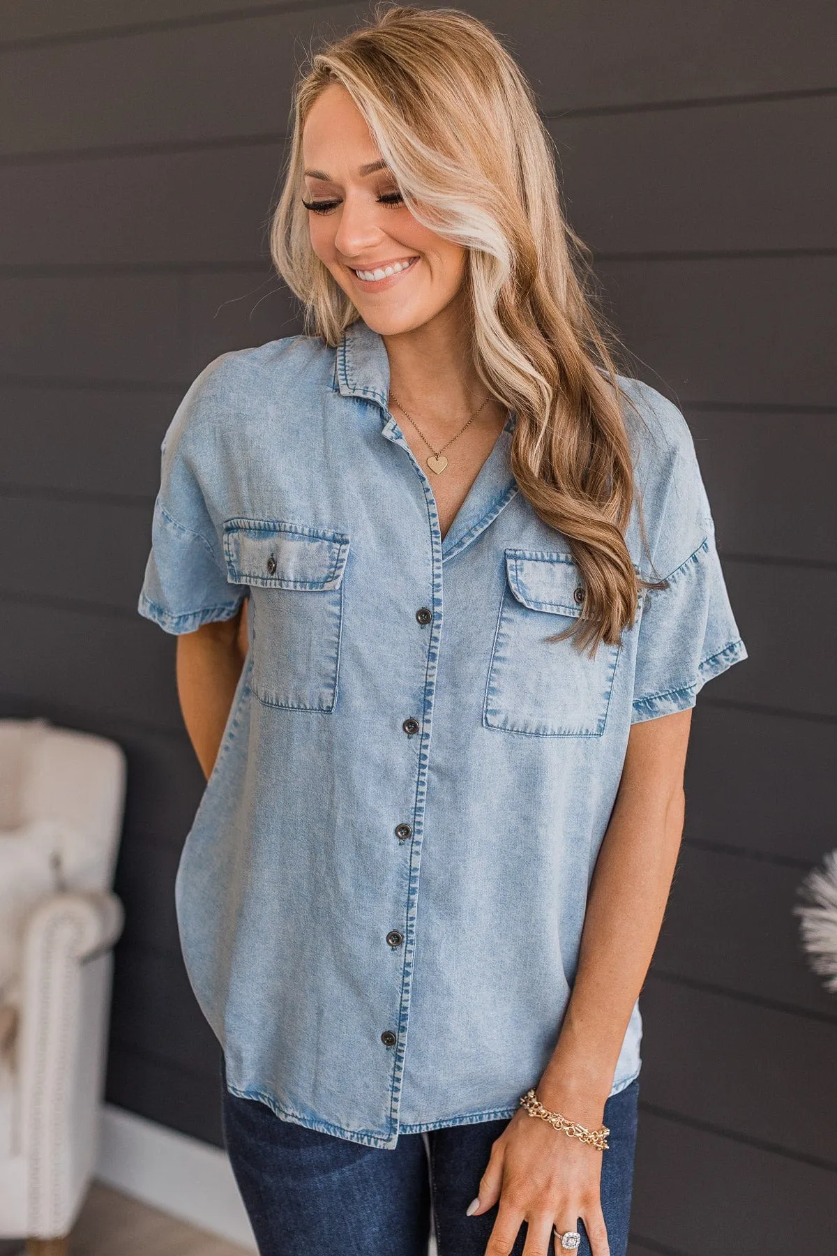 Weekend Adventures Short Sleeve Chambray Top- Light Denim