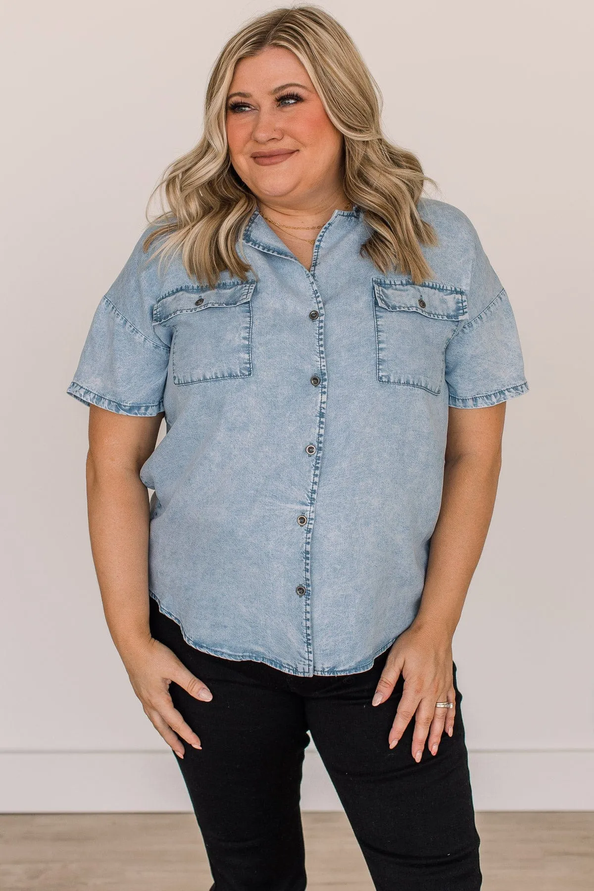Weekend Adventures Short Sleeve Chambray Top- Light Denim