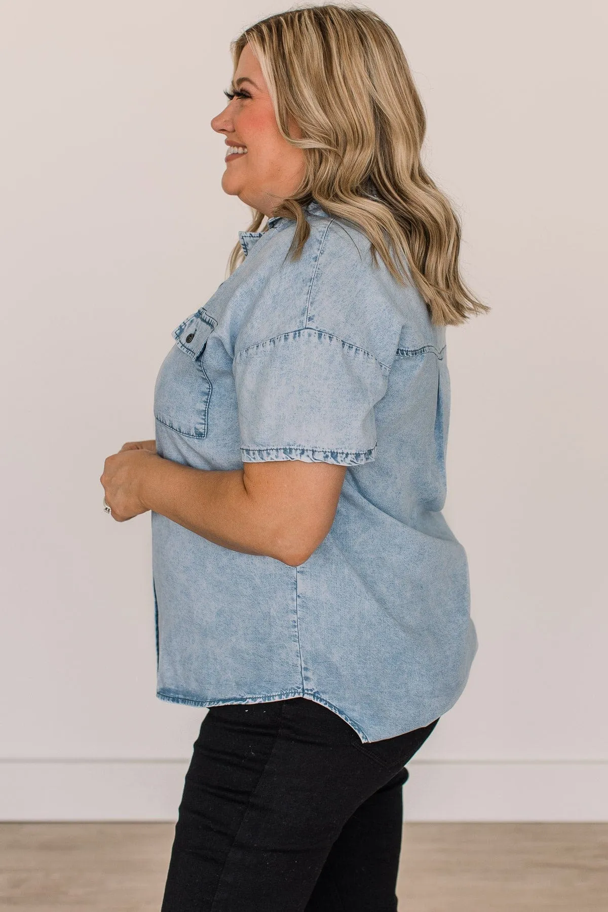 Weekend Adventures Short Sleeve Chambray Top- Light Denim
