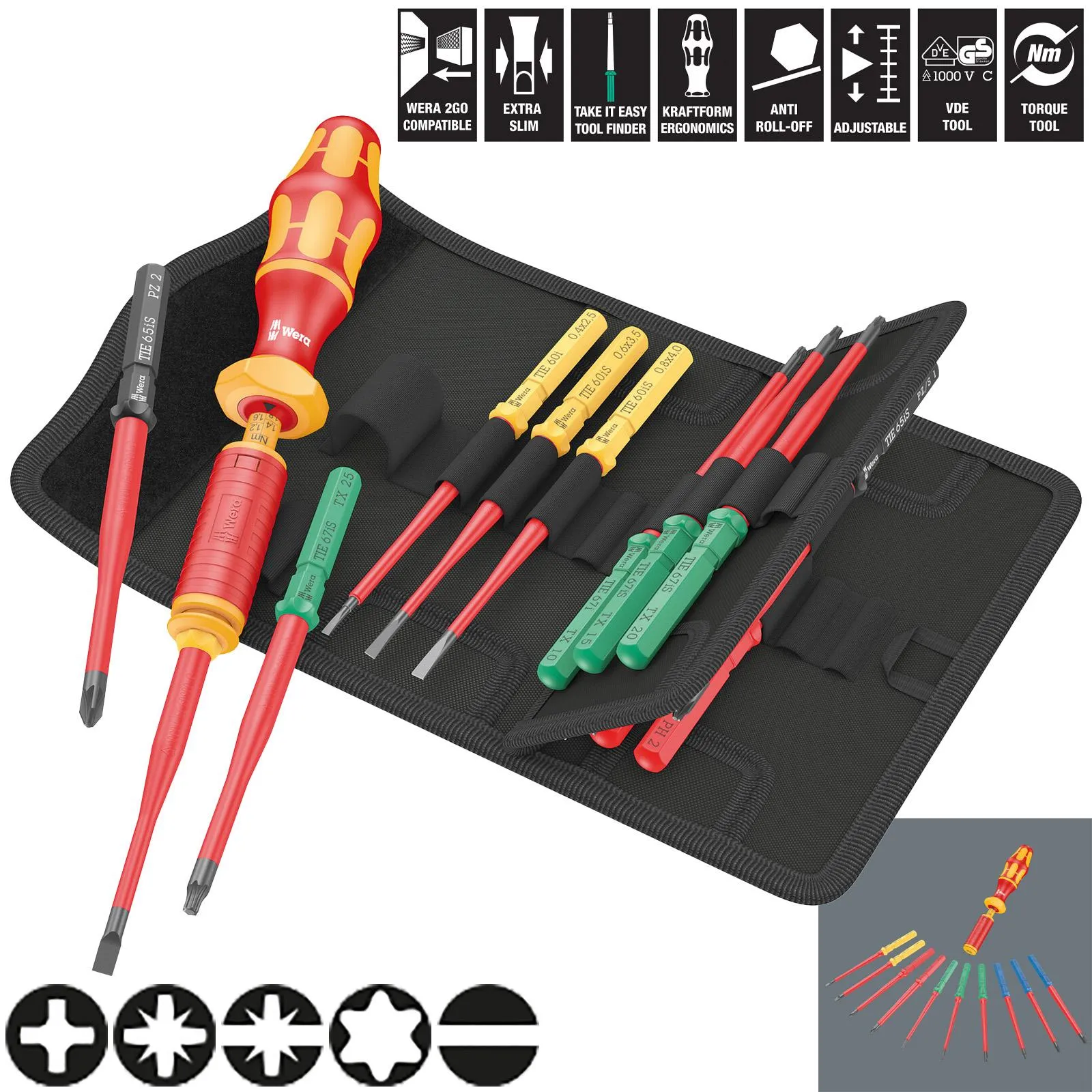 Wera Interchangeable VDE Screwdriver Set Kraftform Kompakt VDE 15 Torque 1.2-3Nm Extra Slim 1 Tool Finder 15 Pieces