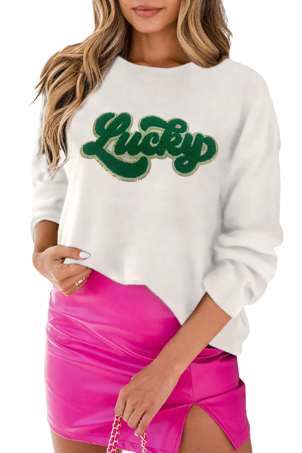 White Lucky Chenille Embroidery Round Neck Casual Sweater