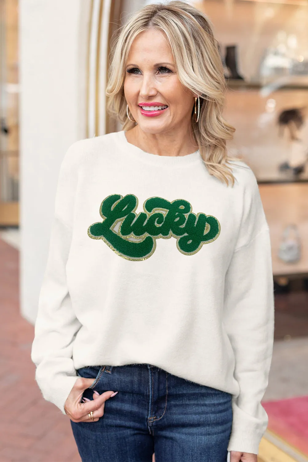 White Lucky Chenille Embroidery Round Neck Casual Sweater