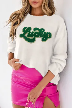 White Lucky Chenille Embroidery Round Neck Casual Sweater