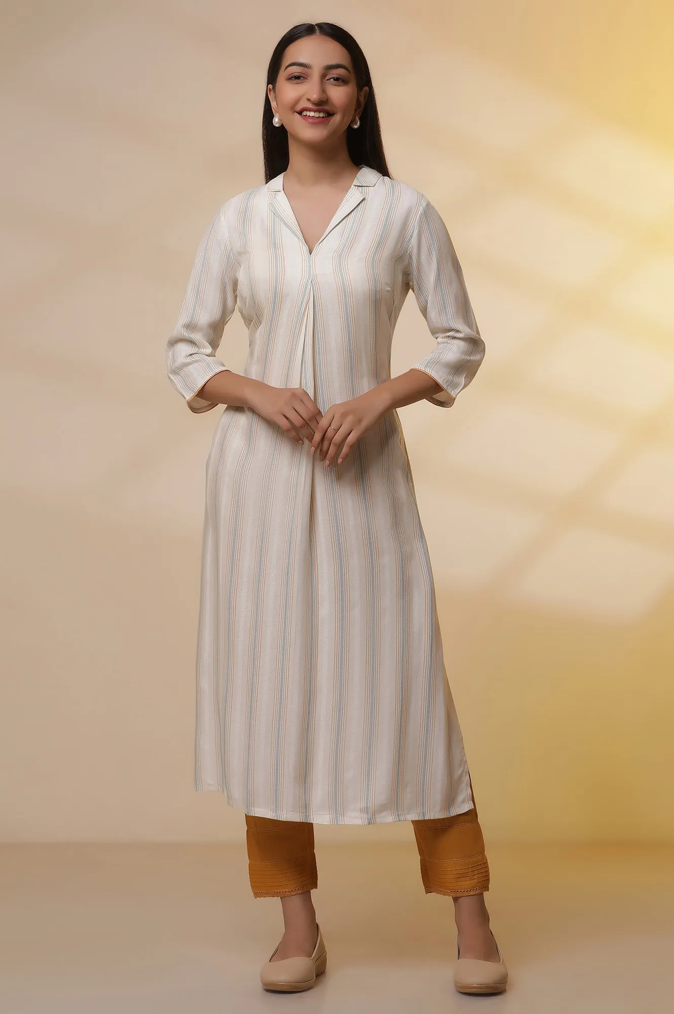 White Striped Straight Casual Kurta and Trousers Set