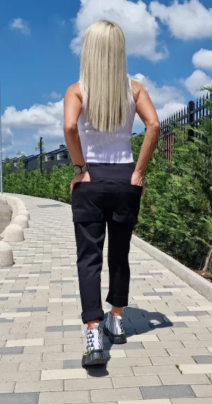 Women Black Pants/ Black Tapered Pants/Volume Pockets Pants/Drop Crotch Pants